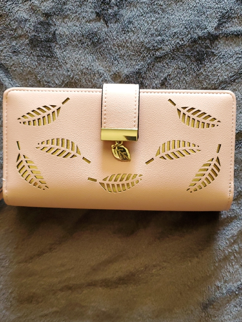 Blush Leaf Cutout Leather Wallet with Gold Accent